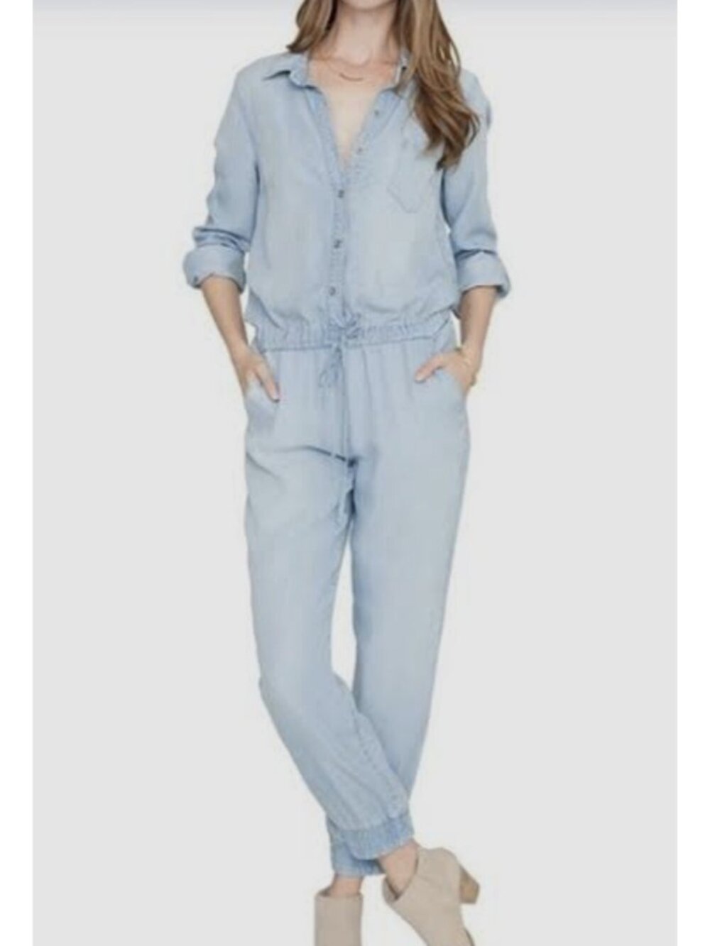 Splendid Chambray Jumpsuit Small Button Front Drawstring Waist Jogger Leg